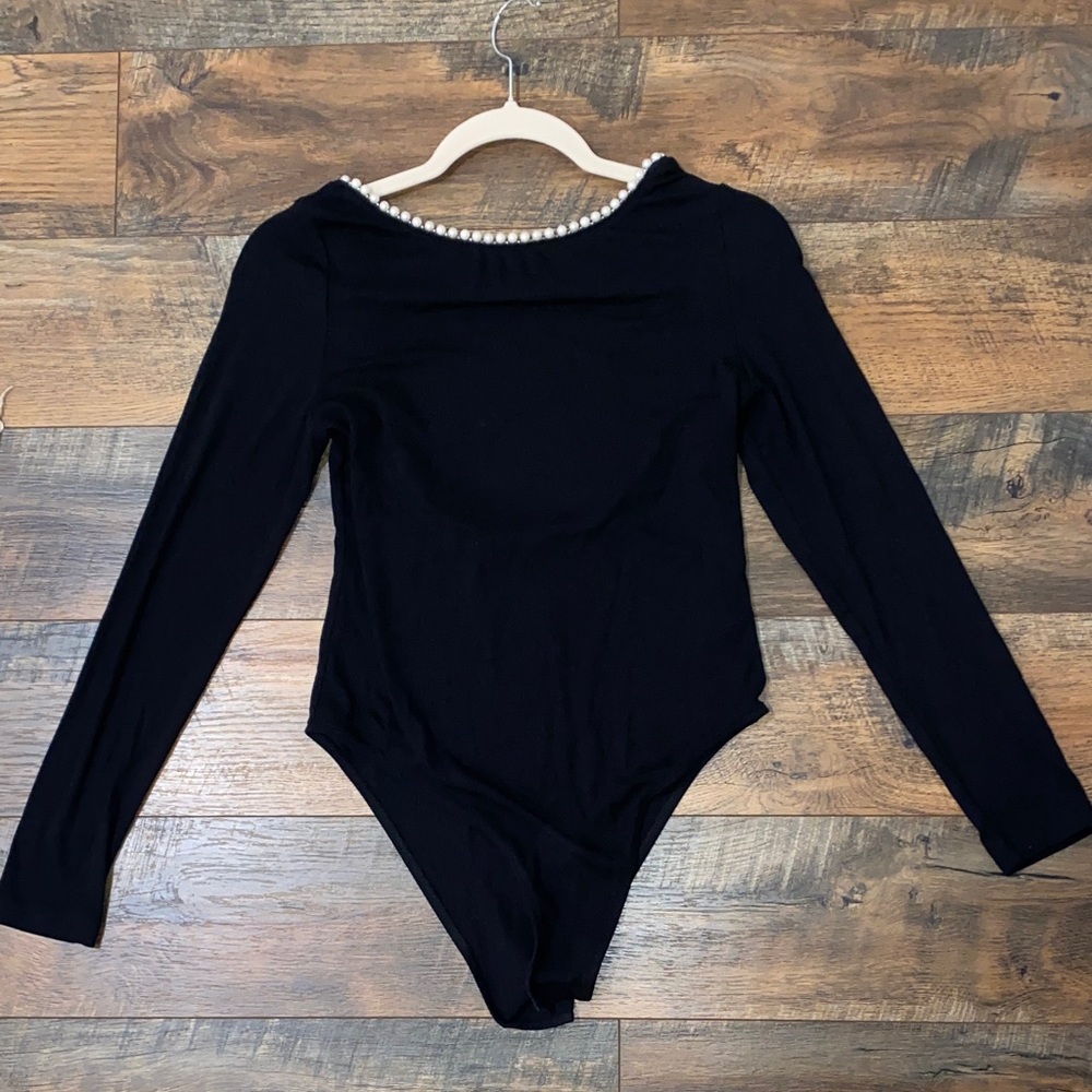 Black Long Sleeve Pearl-Trim Open Back Bodysuit